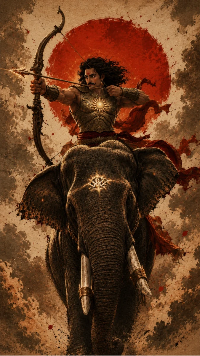Hd image and wallpaper of Suryaputra Karna riding a majestic war elephant and aiming a bow and arrow, perfect for suryaputra karna wallpaper, danveer karna wallpaper, and karna wallpaper phone.