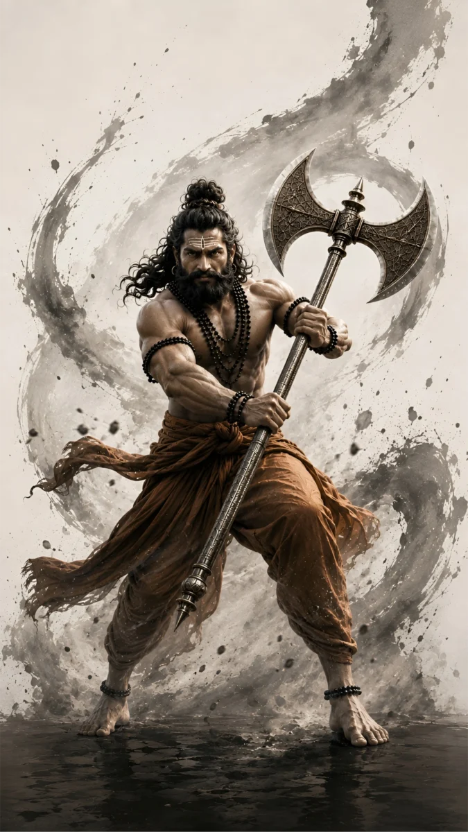 Hd image of Lord Parshuram in a powerful battle stance holding his axe, perfect for angry parshuram, lord parshuram, and parshuram wallpaper.