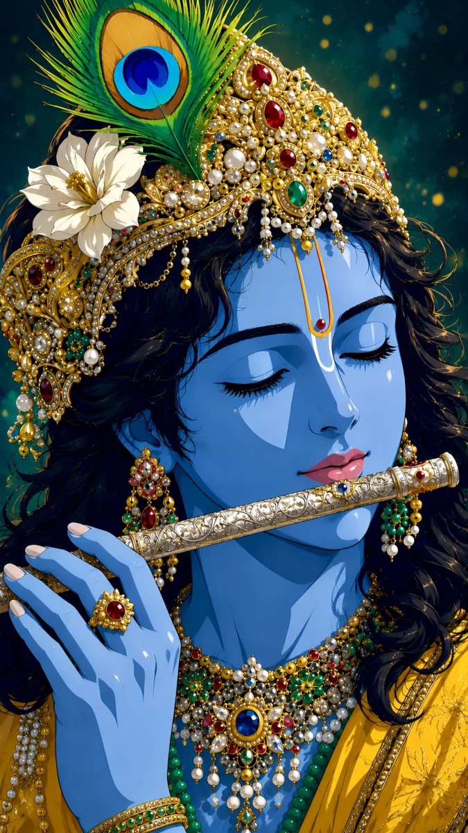 Hd image of Lord Krishna playing flute with eyes closed, wearing a golden crown and peacock feather, perfect for krishna hd wallpaper, beautiful krishna photo hd, and krishna images.