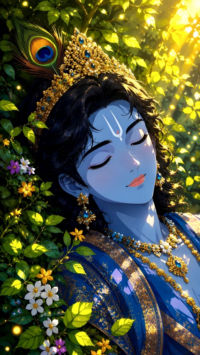 Hd image of Lord Krishna sleeping peacefully under golden sunlight in a lush green garden, perfect for krishna hd wallpaper, beautiful krishna photo hd, and krishna images.