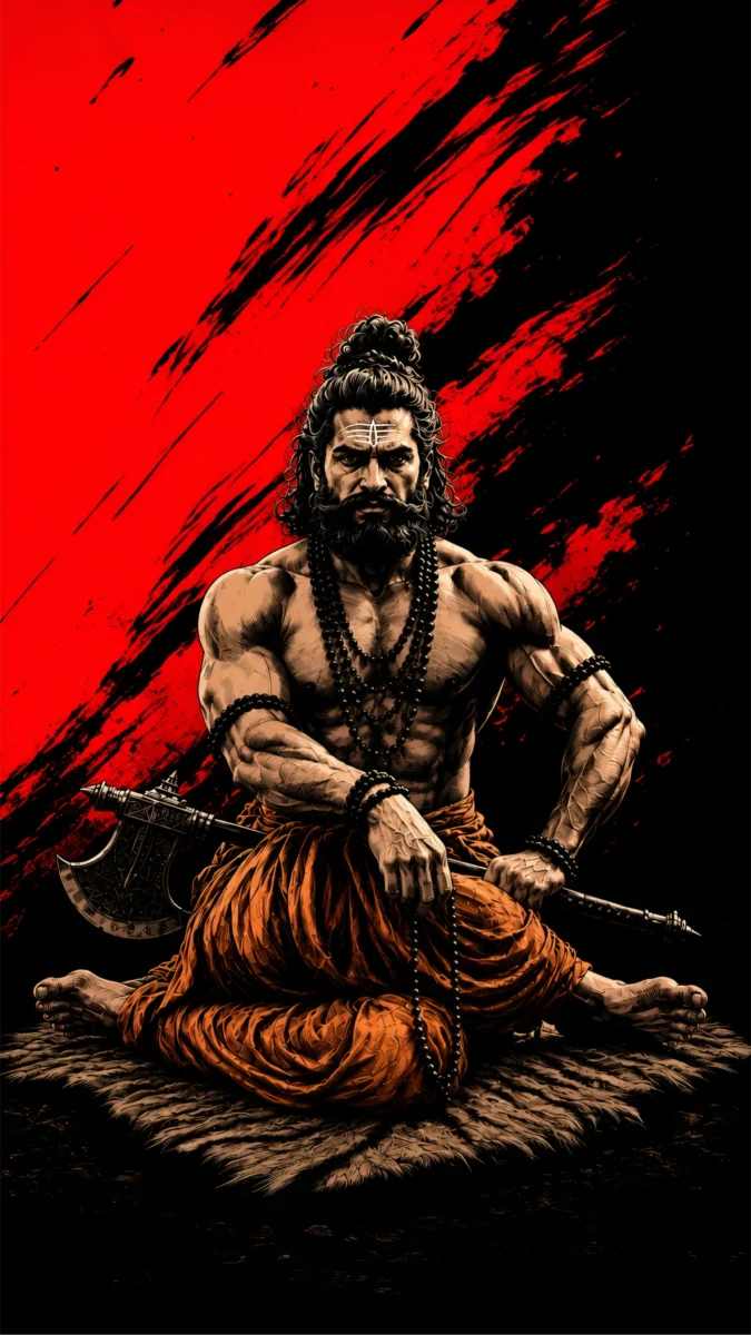 Hd image of Lord Parshuram sitting in a meditative posture with a red background art, perfect for bhagwan parshuram image, parshuram wallpaper, and lord parshuram.