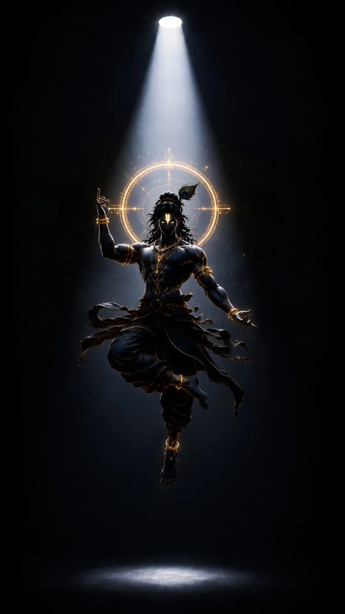 Hd image of Lord Krishna in a graceful cosmic dance mudra under a bright divine spotlight, perfect for black krishna wallpaper, krishna photo hd, and lord krishna black wallpaper.