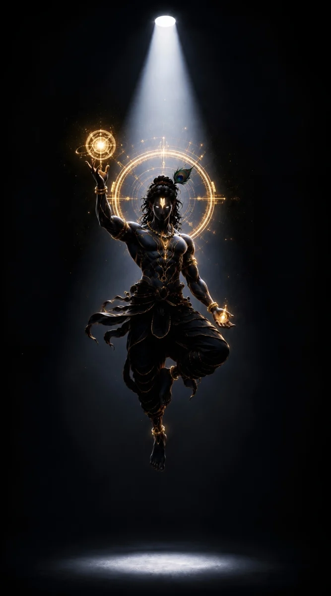 Hd image of Lord Krishna holding a divine glowing cosmic orb in his raised hand under a beam of spotlight, perfect for black krishna wallpaper, lord krishna black wallpaper, and krishna photo hd.