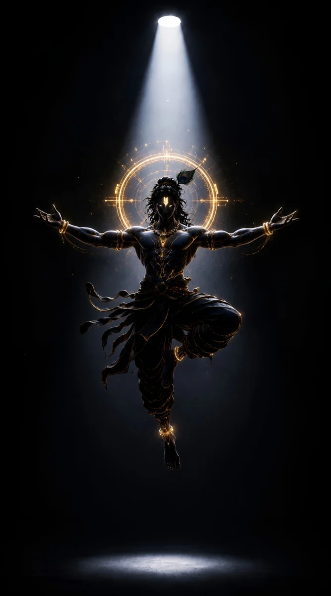 Hd image of divine Lord Krishna performing a celestial posture under a beam of spotlight, perfect for black krishna wallpaper, lord krishna black wallpaper, and krishna photo hd.