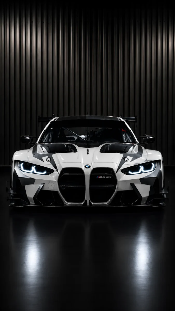 Hd image of front view of BMW M4 GT3 with headlights on in dark studio, perfect for bmw car wallpaper, bmw m4 gt3 wallpaper phone, and bmw m4 black.