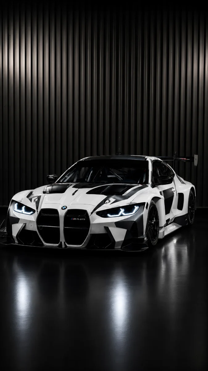 Hd image of front of BMW M4 GT3 white and black livery in a dark studio, perfect for bmw car wallpaper, bmw m4 images, and bmw m4 black.