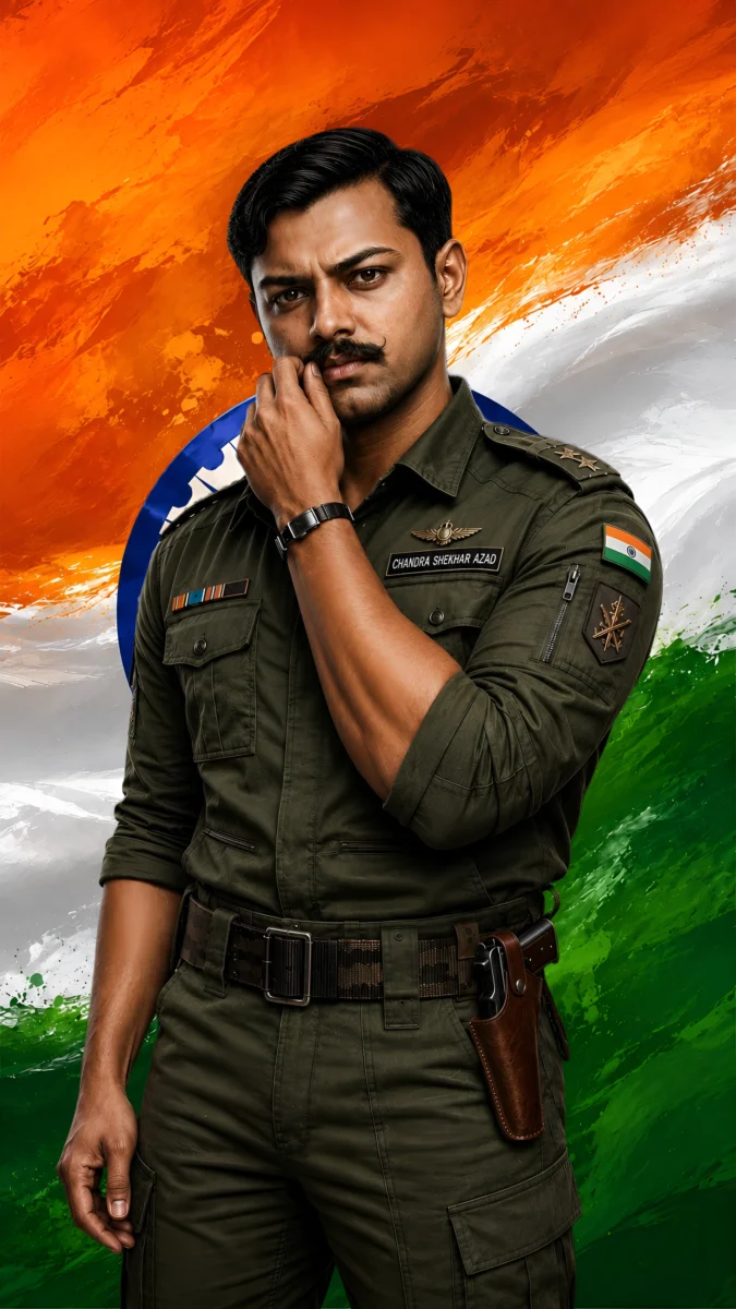 Hd image of Chandra Shekhar Azad in military uniform twirling his mustache against the Indian tricolor flag, perfect for freedom fighter wallpaper, chandra shekhar azad wallpaper, and indian freedom fighters wallpaper.