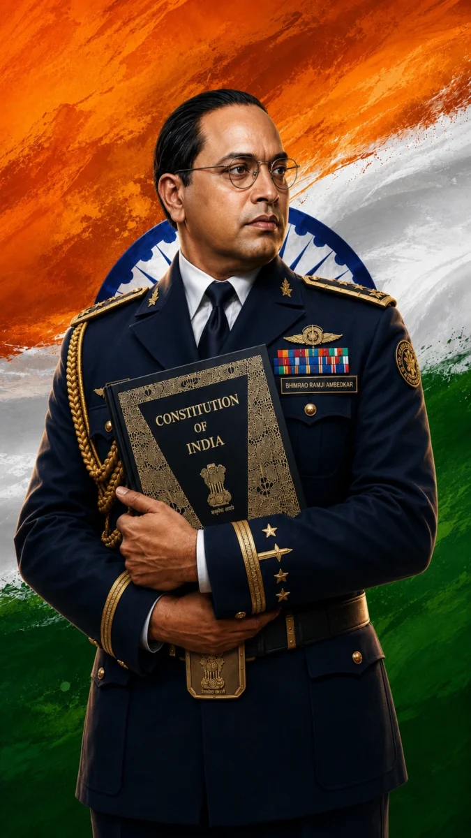 Hd image of Dr Bhim Rao Ambedkar in uniform holding the Constitution of India against the tricolor flag, perfect for dr bhim rao ambedkar wallpaper, bhim rao ambedkar photo, and freedom fighter wallpaper.