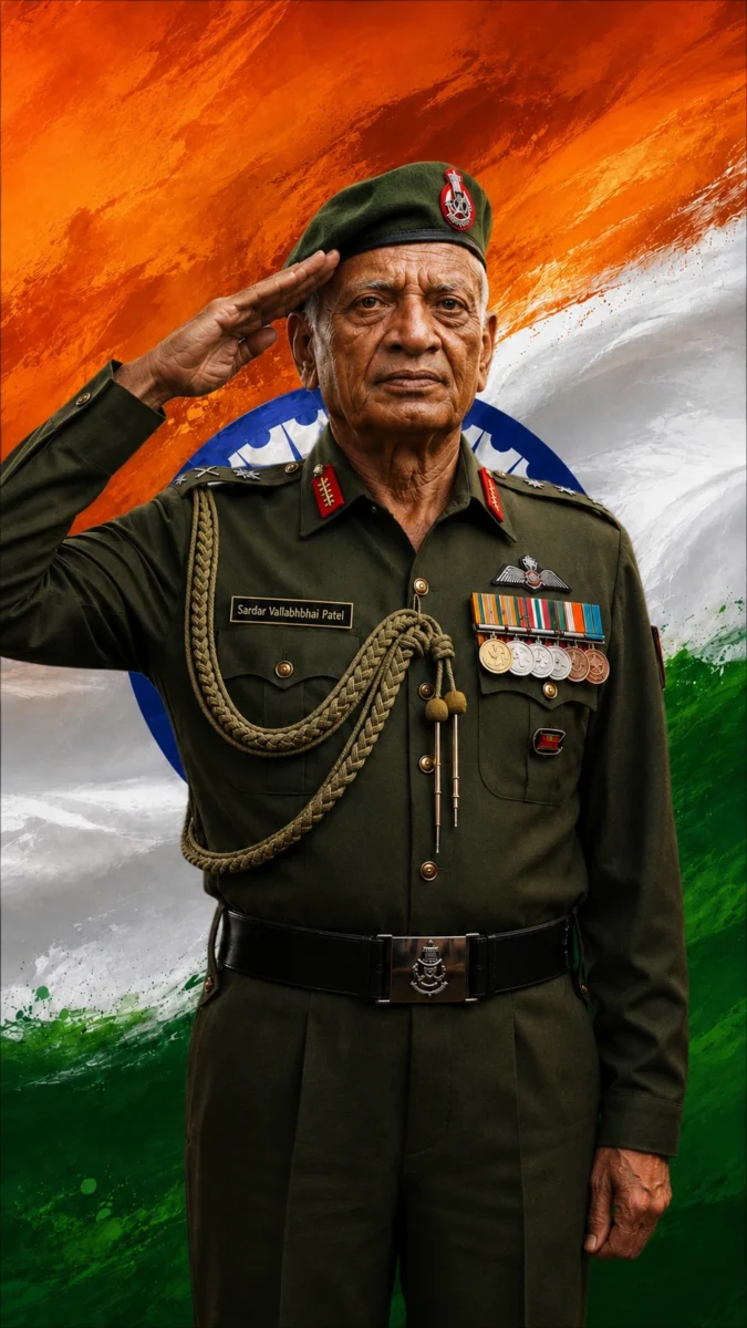 Hd image of Sardar Vallabhbhai Patel saluting in olive green military uniform against the Indian tricolor flag, perfect for sardar vallabhbhai patel hd wallpaper, freedom fighter wallpaper, and indian freedom fighters wallpaper.