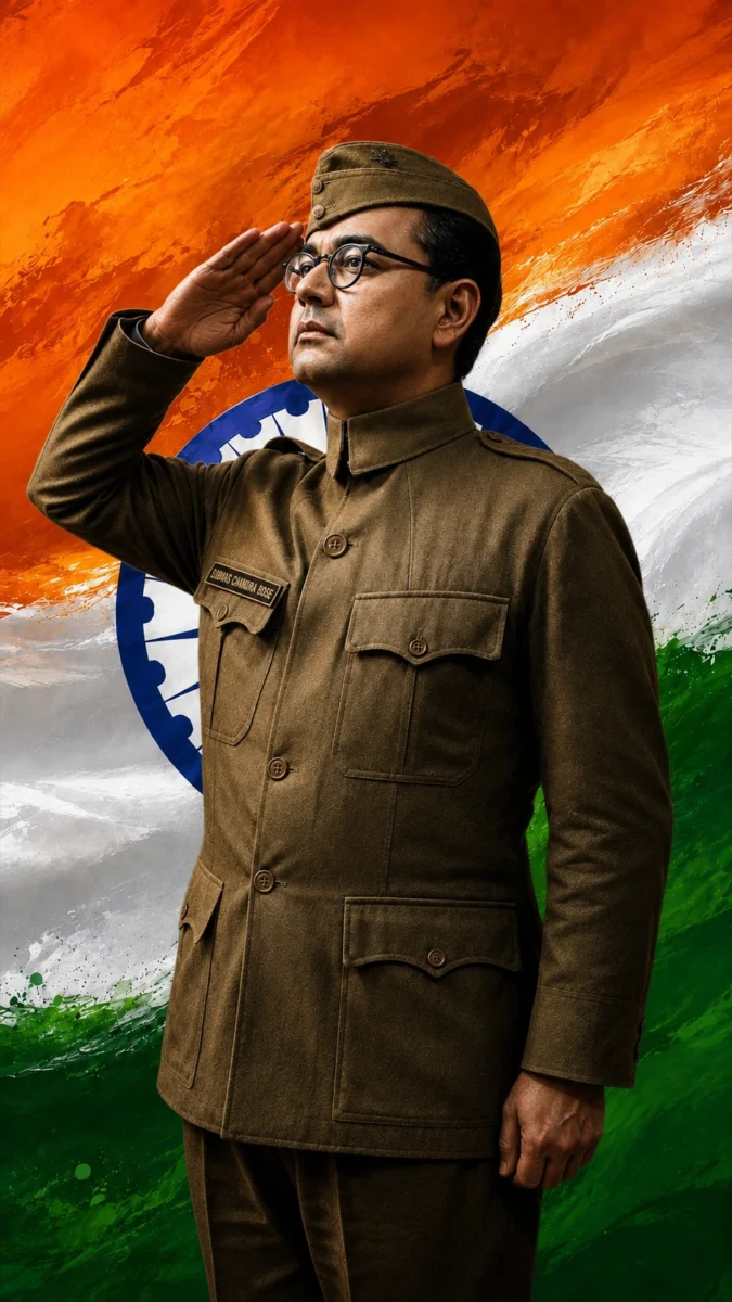 Hd image of Subhash Chandra Bose saluting in Indian National Army military uniform against the tricolor flag, perfect for subhash chandra bose hd wallpaper, freedom fighter wallpaper, and indian freedom fighters wallpaper.