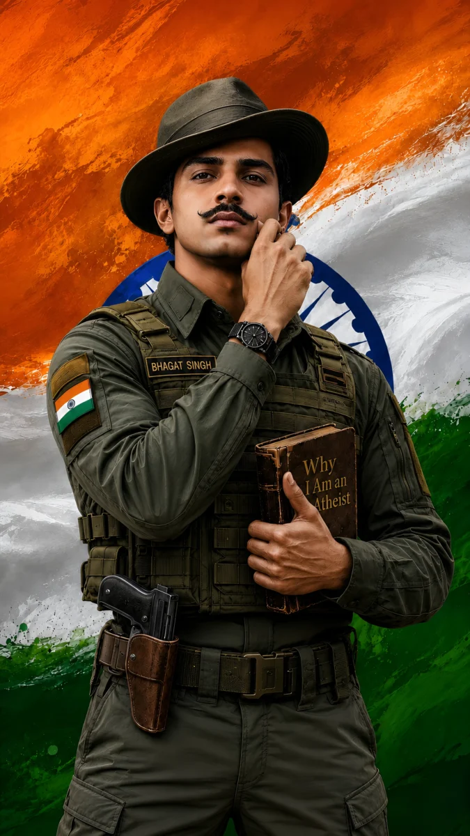 Hd image of Bhagat Singh in military uniform holding a book against the Indian national flag, perfect for freedom fighter wallpaper, bhagat singh wallpaper hd, and indian freedom fighters wallpaper.