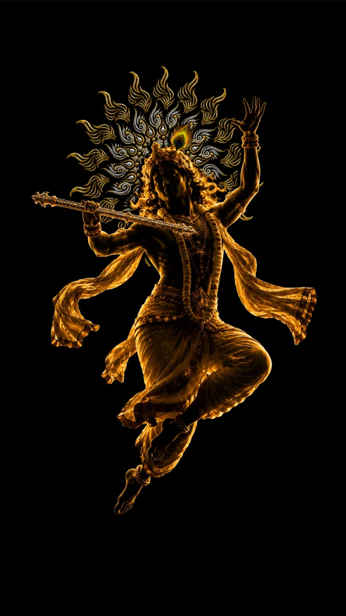 Hd image of Lord Krishna in a dynamic dancing pose holding a golden wand with a glowing halo against a dark background, perfect for golden krishna wallpaper, lord krishna black wallpaper, and black krishna wallpaper.