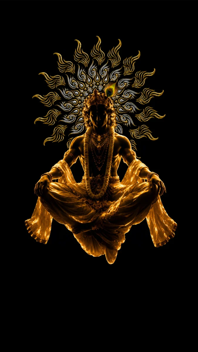 Hd image of Lord Krishna floating in cross-legged padmasana pose with a glowing halo against a dark background, perfect for golden krishna wallpaper, lord krishna black wallpaper, and black krishna wallpaper.