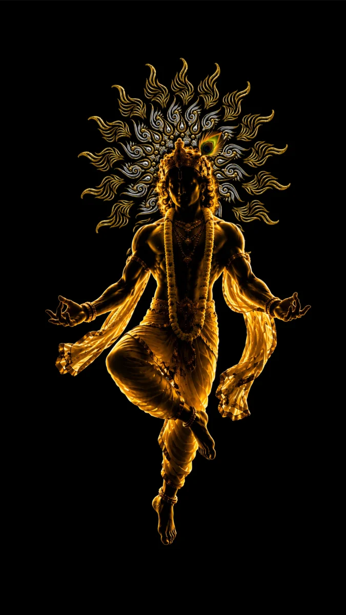Hd image of Lord Krishna in a meditative mudra pose with a glowing halo against a dark background, perfect for golden krishna wallpaper, lord krishna black wallpaper, and golden krishna images.