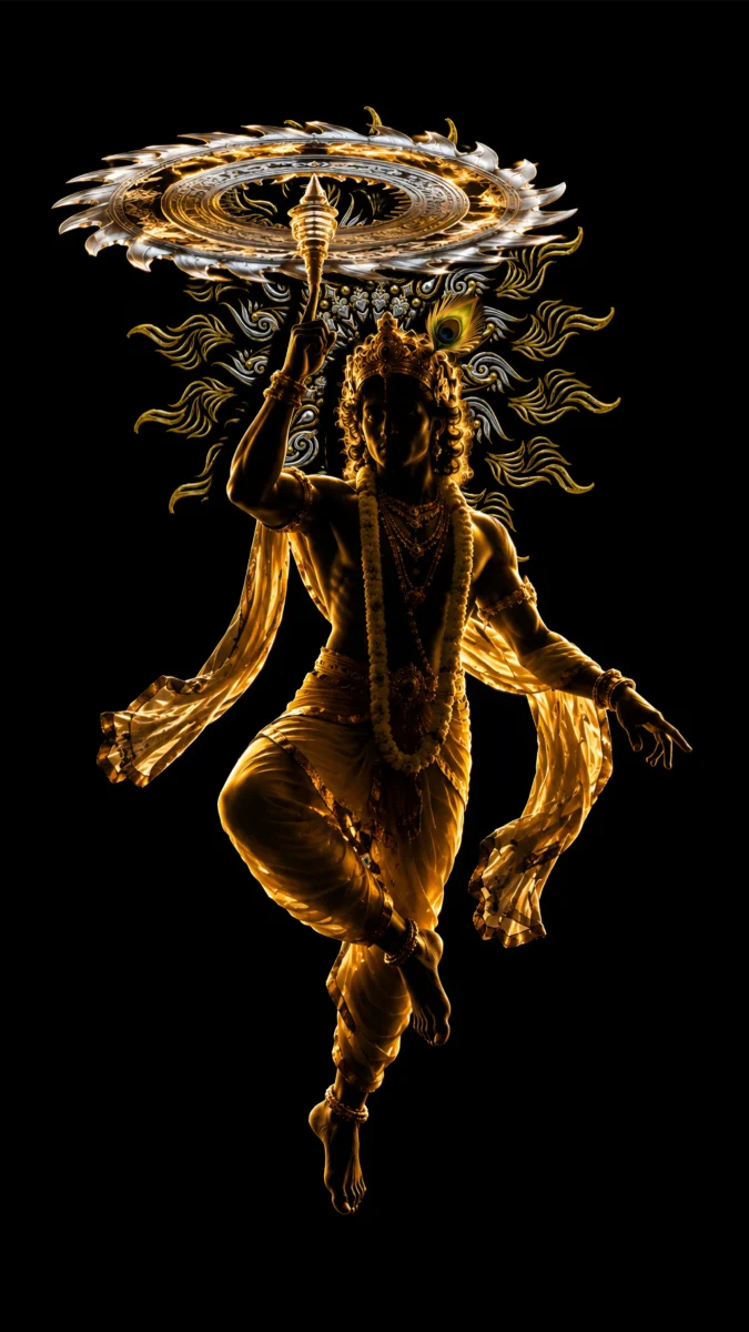 Hd image of Lord Krishna holding the Sudarshan Chakra against a dark background, perfect for golden krishna wallpaper, lord krishna black wallpaper, and black krishna wallpaper.