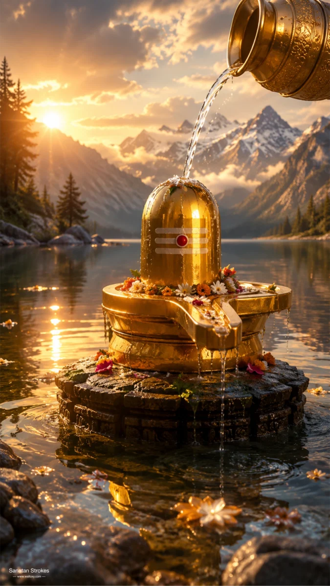 Hd image of glowing golden Shivling receiving water stream from a kalash on a calm mountain lake at sunset, perfect for shivling images, shivling photo, and shivling wallpaper hd.