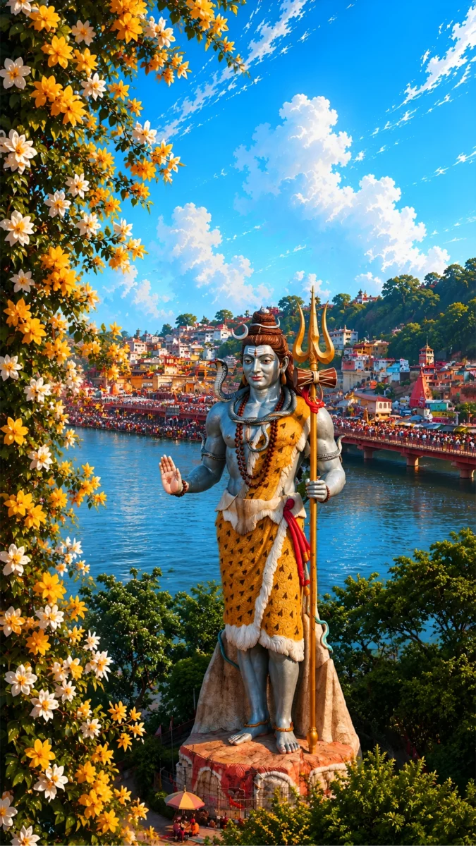 Hd Image of standing Lord Shiva statue with Trishul overlooking the Ganges river in Haridwar, perfect for haridwar shiv murti, haridwar shiva statue, and haridwar wallpaper photo.