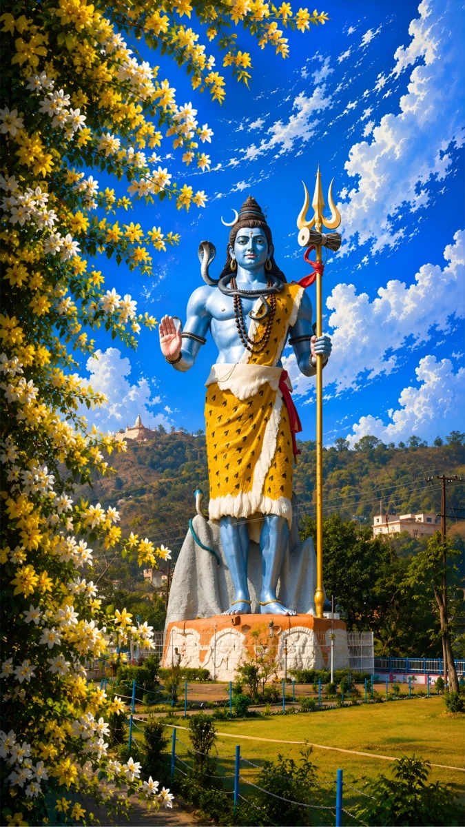 Hd image of blue Lord Shiva standing statue with Trishul in a garden at Haridwar, perfect for haridwar shiva statue, haridwar shiv statue hd wallpaper, and haridwar images hd.
