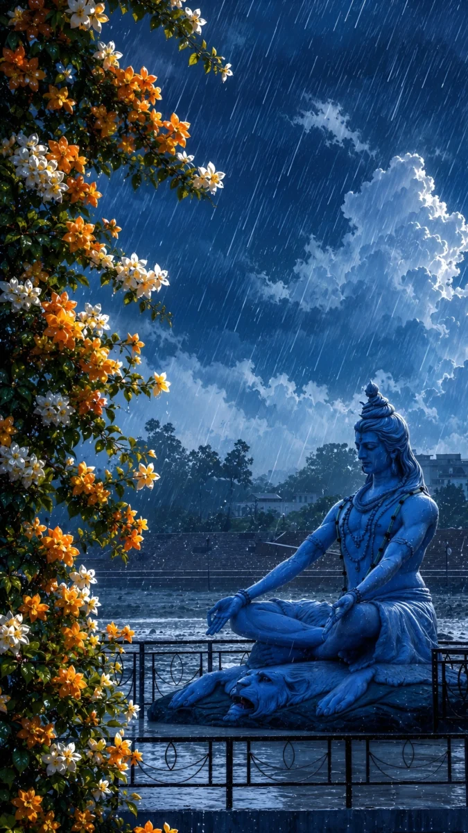 Hd image of blue Lord Shiva statue meditating in rain at Haridwar ghat, perfect for haridwar shiva statue, haridwar shiv statue hd wallpaper, and haridwar images hd.