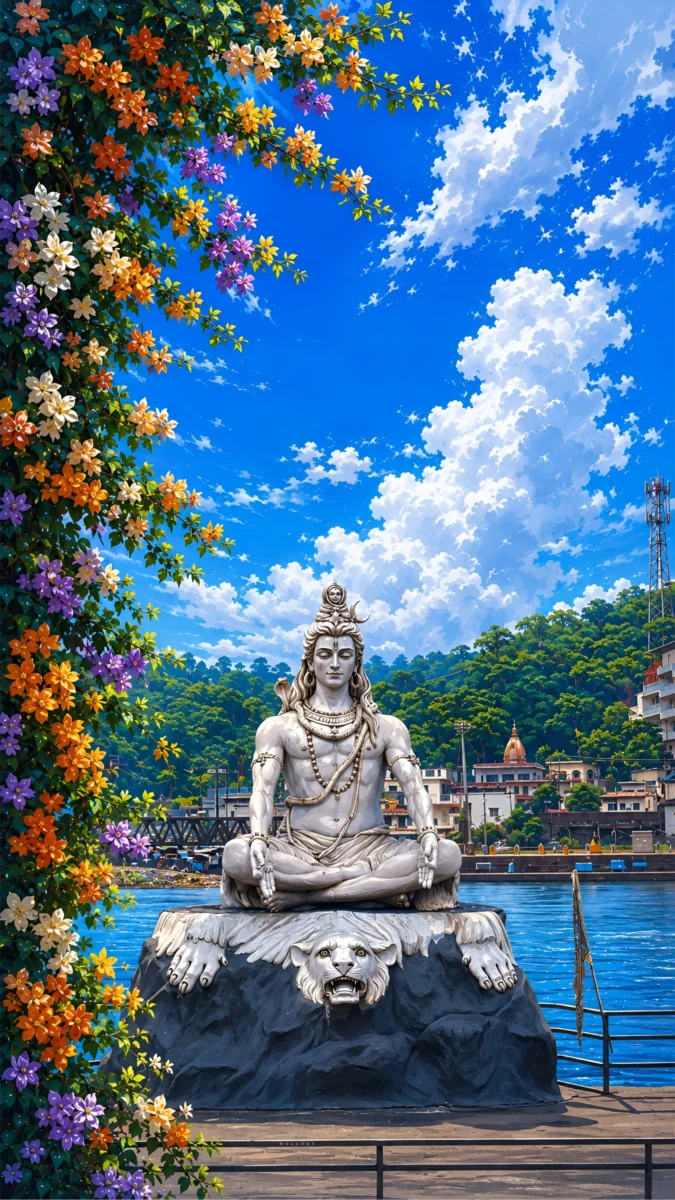 Hd image of Lord Shiva statue meditating on a rock near the riverbank in Haridwar, perfect for haridwar shiv statue hd wallpaper, haridwar shiv murti, and haridwar shiva statue.