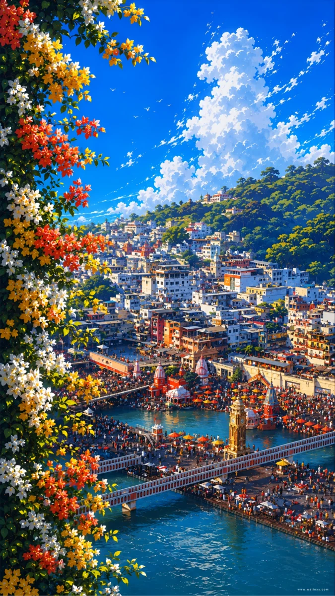 Hd image of Har Ki Pauri ghat in Haridwar surrounded by vibrant flowers and lush hills under a bright blue sky, perfect for haridwar wallpaper hd, haridwar wallpaper photo, and haridwar wallpaper for mobile.