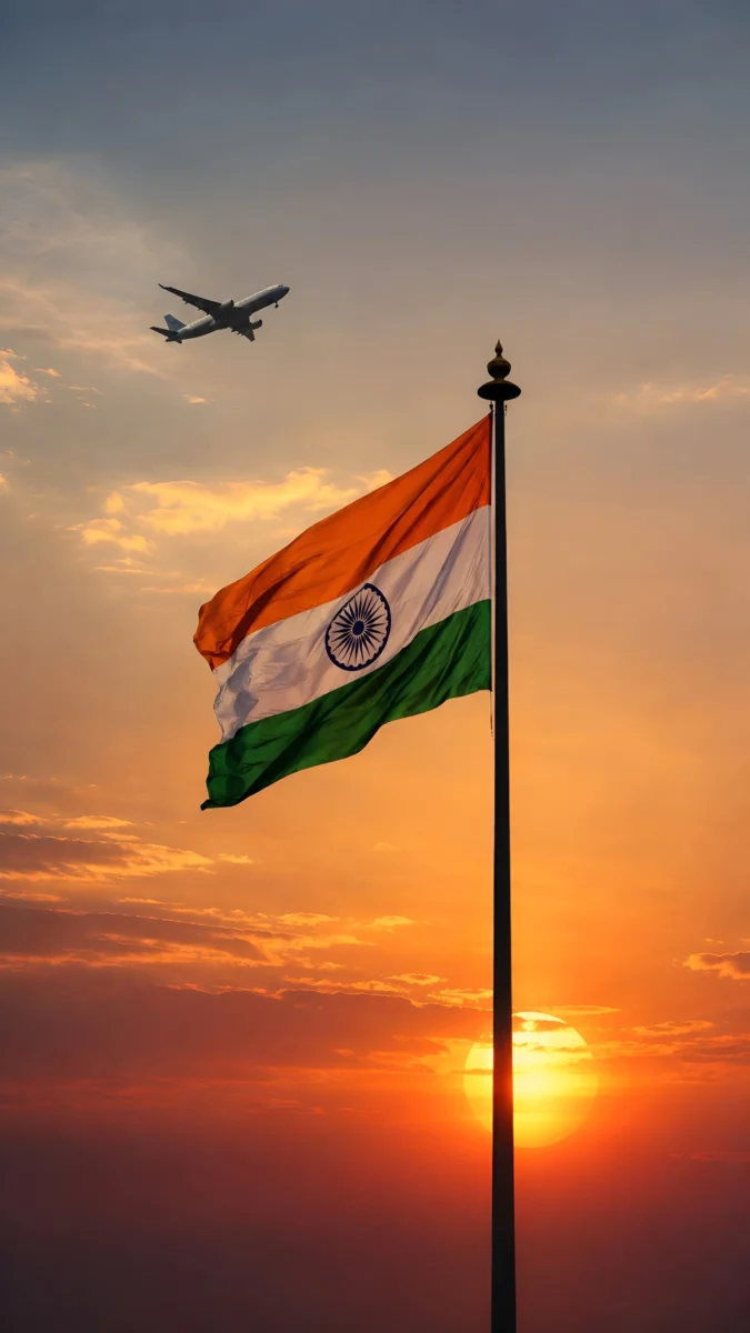 Hd image of the Indian tricolour flag waving in the air with an airplane flying over a beautiful sunset background, perfect for indian flag wallpaper hd, hd wallpaper indian flag, and indian flag for wallpaper.