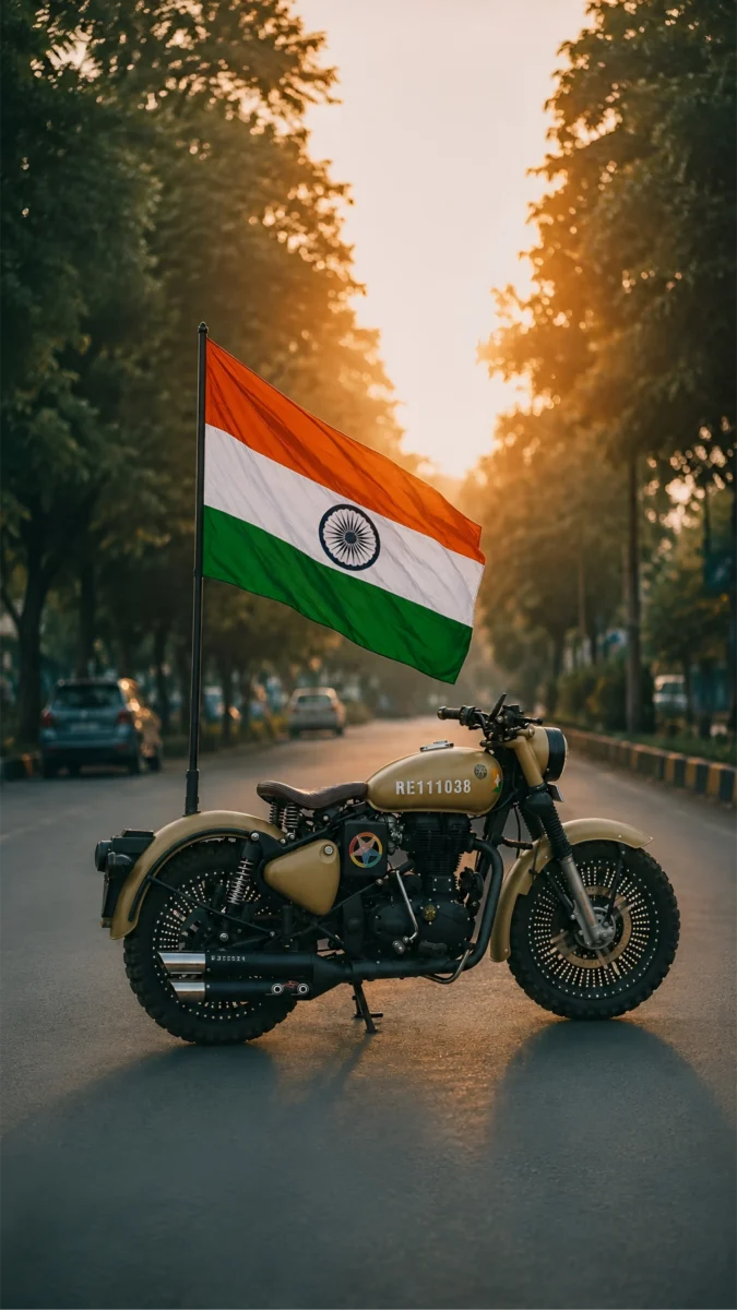 Hd image of the Indian tricolour flag attached to a classic motorcycle parked on a tree-lined road during sunset, perfect for indian flag wallpaper hd, indian flag hd wallpaper, and tricolour flag wallpaper.