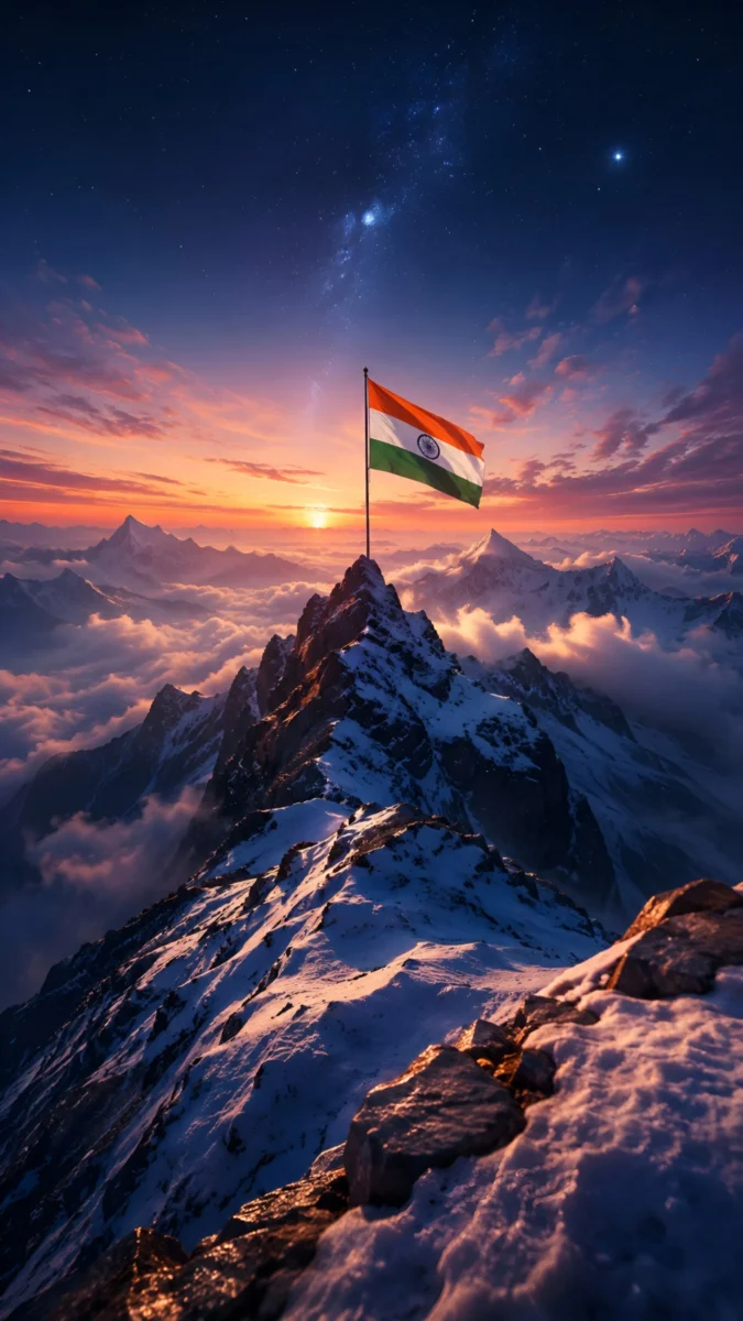 HD image of the Indian tricolour flag waving on a snowy mountain peak at sunrise, perfect for indian flag wallpaper hd, indian flag hd wallpaper, and tricolour flag wallpaper.