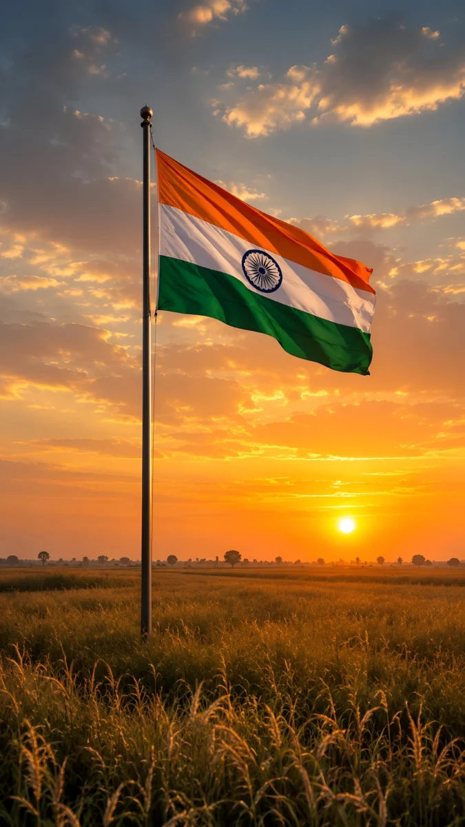 Hd image of the Indian tricolour flag waving on a tall flagpole over green wheat fields during a golden sunset, perfect for indian flag wallpaper hd, indian flag hd wallpaper, and tricolour flag wallpaper.