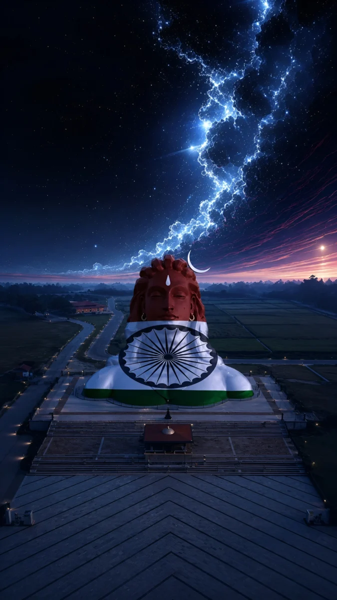 Hd image of Lord Shiva Adiyogi statue draped in Indian tricolour flag under a lightning night sky, perfect for indian flag wallpaper hd, indian flag hd wallpaper, and tricolour flag wallpaper.