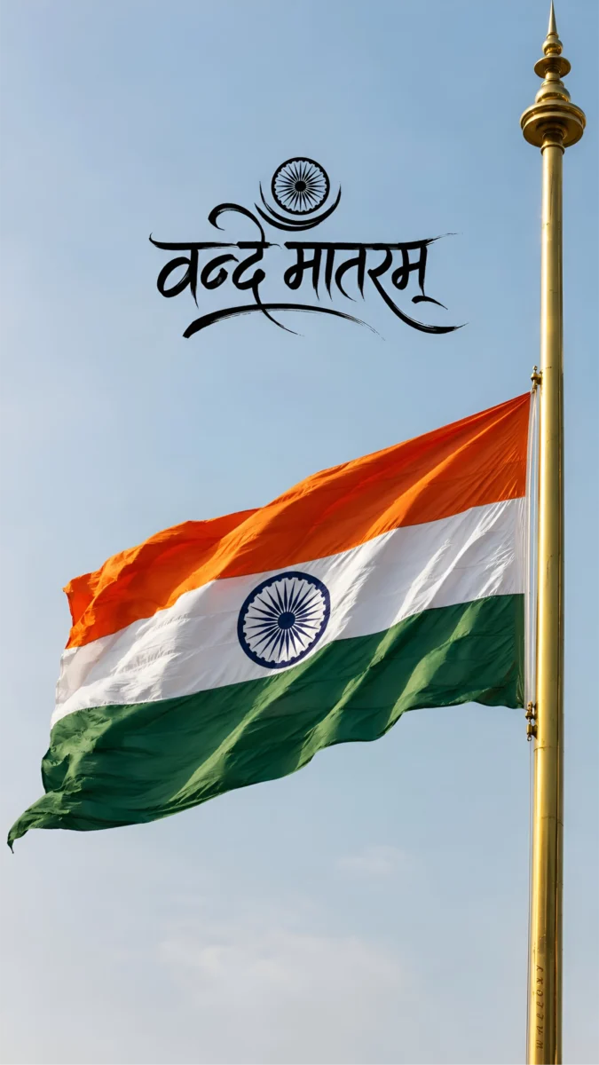 Hd image of the waving Indian tricolour flag with Vande Mataram calligraphy under a clear blue sky, perfect for indian flag wallpaper hd, indian flag hd, and tricolour flag wallpaper.