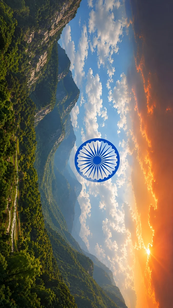 Hd image of Ashoka Chakra centered between green mountain hills and an orange sunset sky forming the Indian tricolour concept, perfect for indian flag wallpaper hd, indian flag hd wallpaper, and tricolour flag wallpaper.