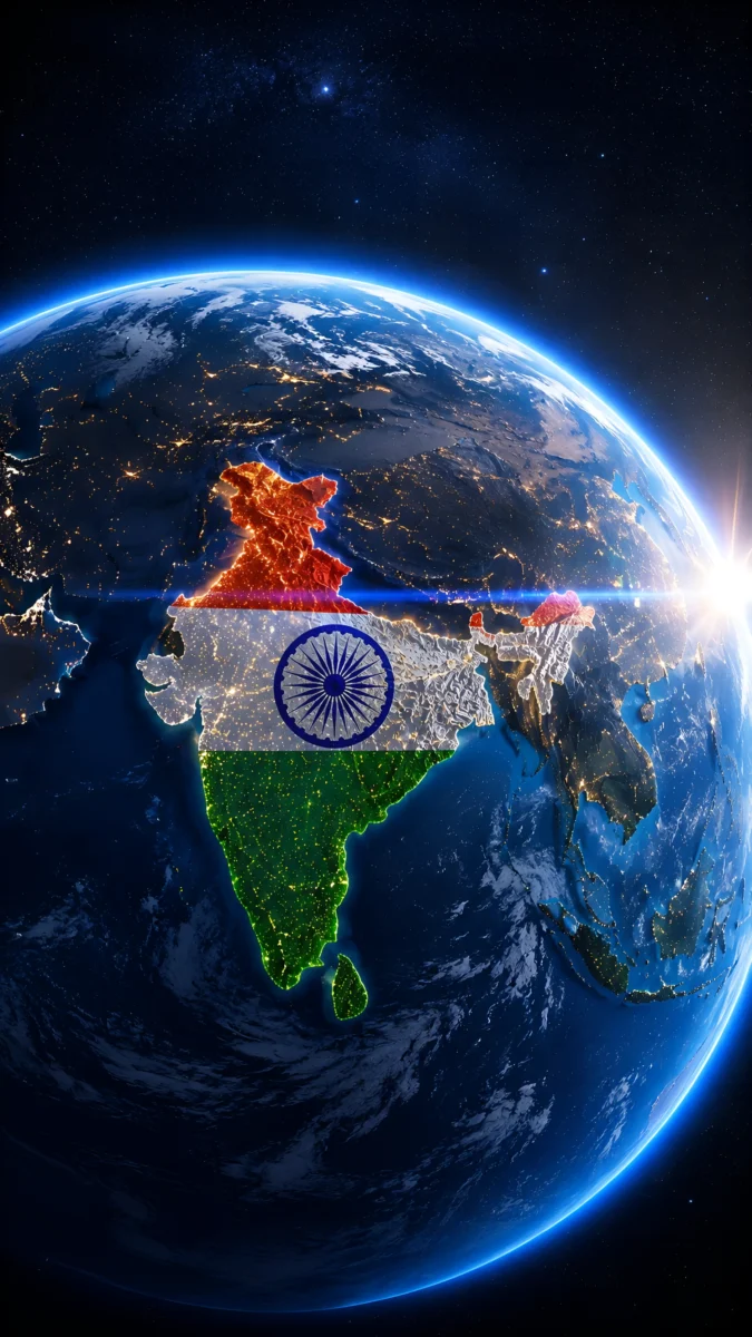 Hd image of India map highlighted with Indian tricolour flag on Earth globe from space, perfect for indian flag wallpaper hd, indian flag hd wallpaper, and indian patriotic wallpaper.