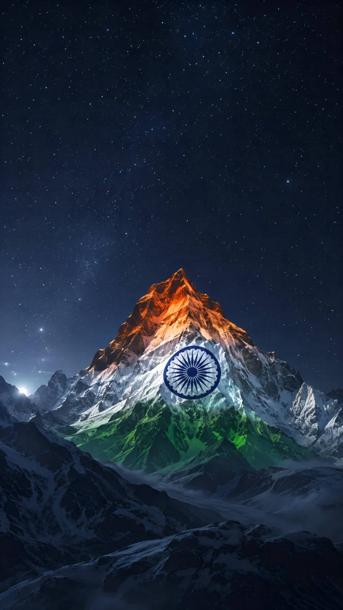 Hd image of snow-covered Himalayan mountain peak glowing in Indian tricolour flag colors under a starry night sky, perfect for indian patriotic wallpaper, indian flag hd wallpaper, and tricolour flag wallpaper.