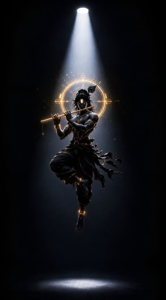 Hd image of Lord Krishna playing a glowing golden flute under a celestial spotlight, perfect for black krishna wallpaper, krishna wallpaper hd, and krishna photo.