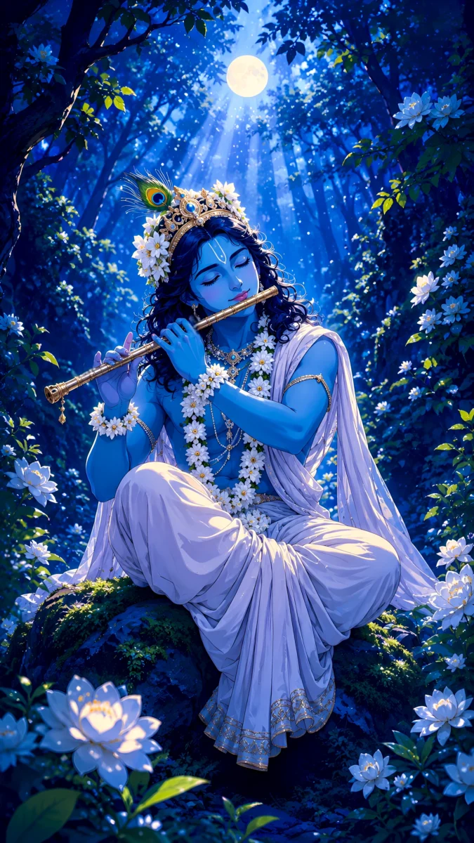 Hd image of Lord Krishna playing flute in a peaceful night forest with moonlight, perfect for krishna hd wallpaper, krishna images, and beautiful krishna wallpaper.