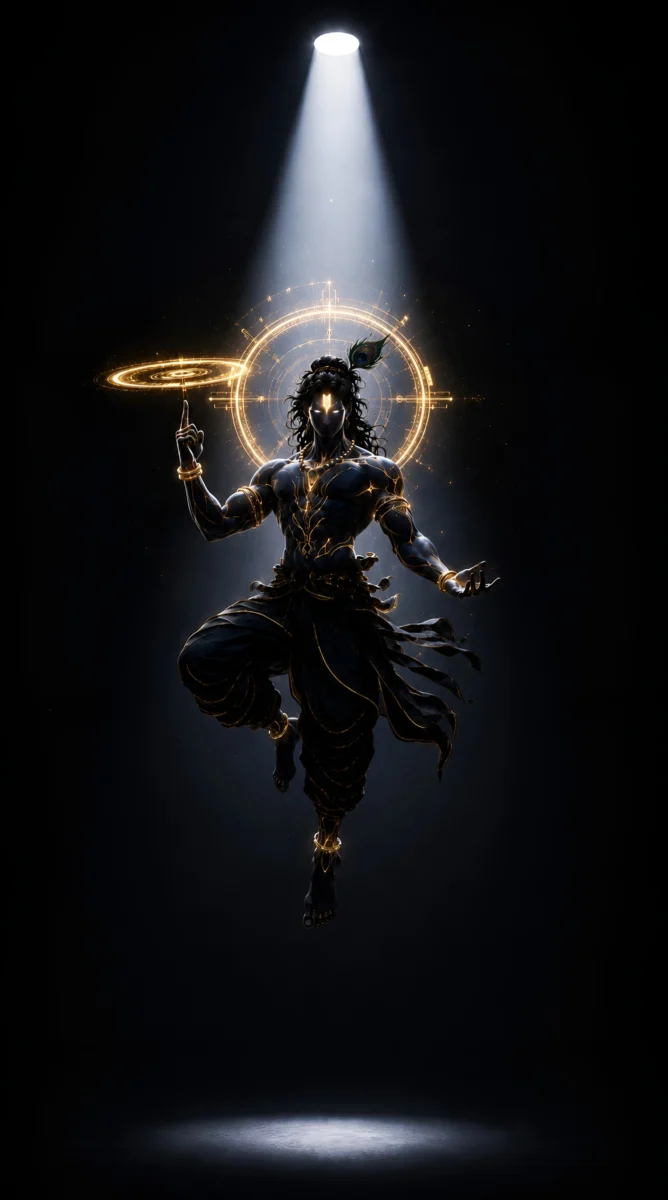 Hd image of Lord Krishna holding glowing Sudarshan Chakra on his finger under a central spotlight, perfect for black krishna wallpaper, krishna wallpaper hd, and lord krishna black wallpaper.