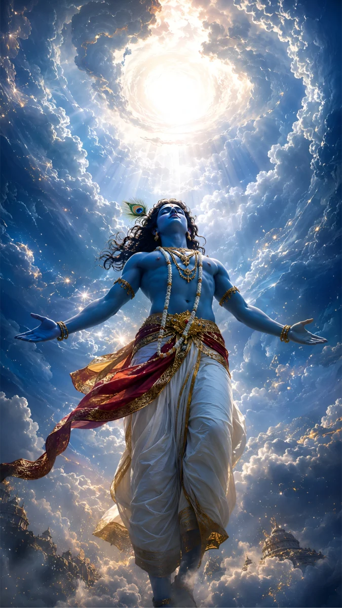 HD image of Lord Krishna in a serene, open-arms pose amidst the divine cosmic sky with celestial sunlight, perfect for krishna wallpaper hd, krishna images, and krishna photo hd.