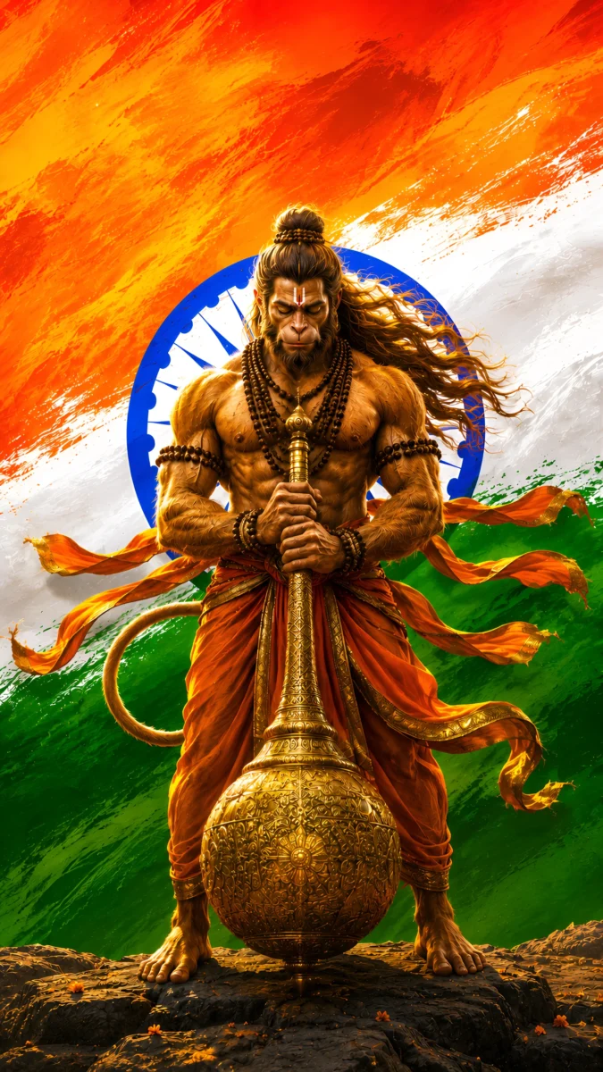 Hd image of Lord Hanuman standing with Gada against the Indian tricolor flag, perfect for hanuman wallpaper hd, lord hanuman image, and patriotic hanuman wallpaper.