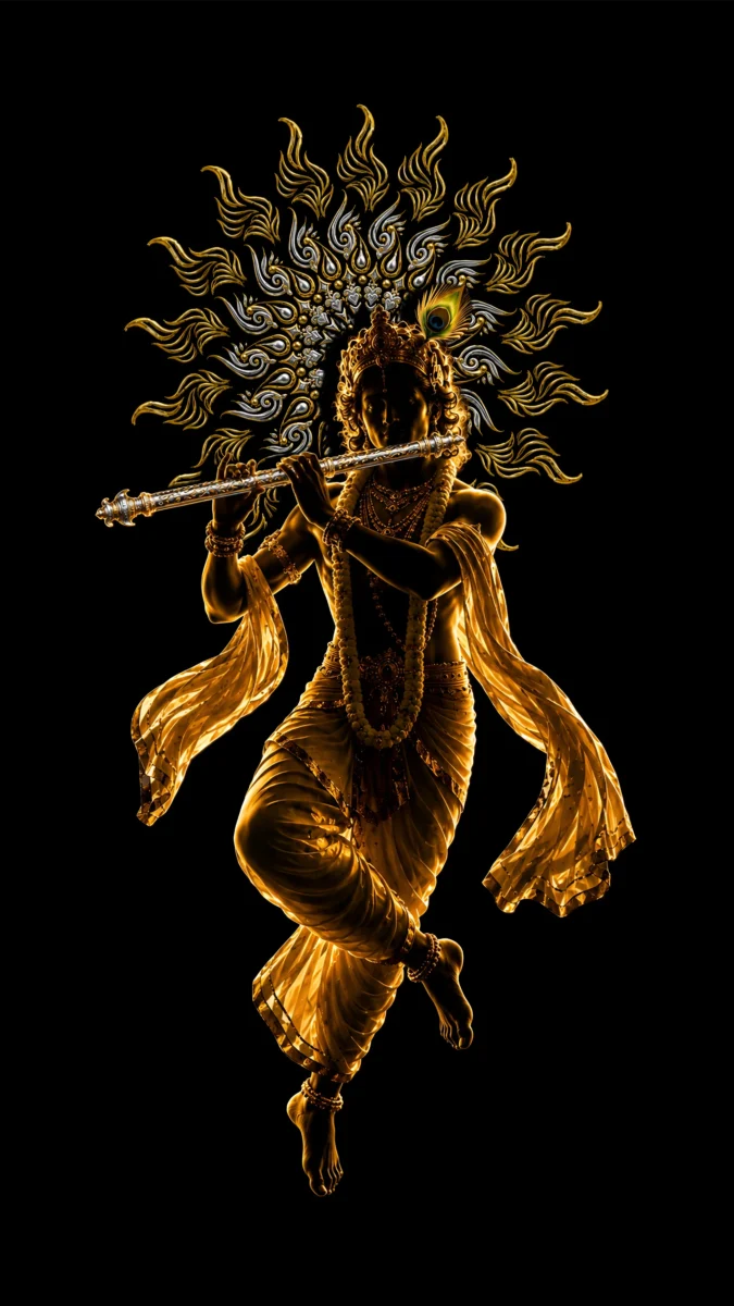 Hd image of Lord Krishna playing the flute with a golden aura set against a dark background, perfect for lord krishna black wallpaper, black krishna wallpaper, and krishna black wallpaper.