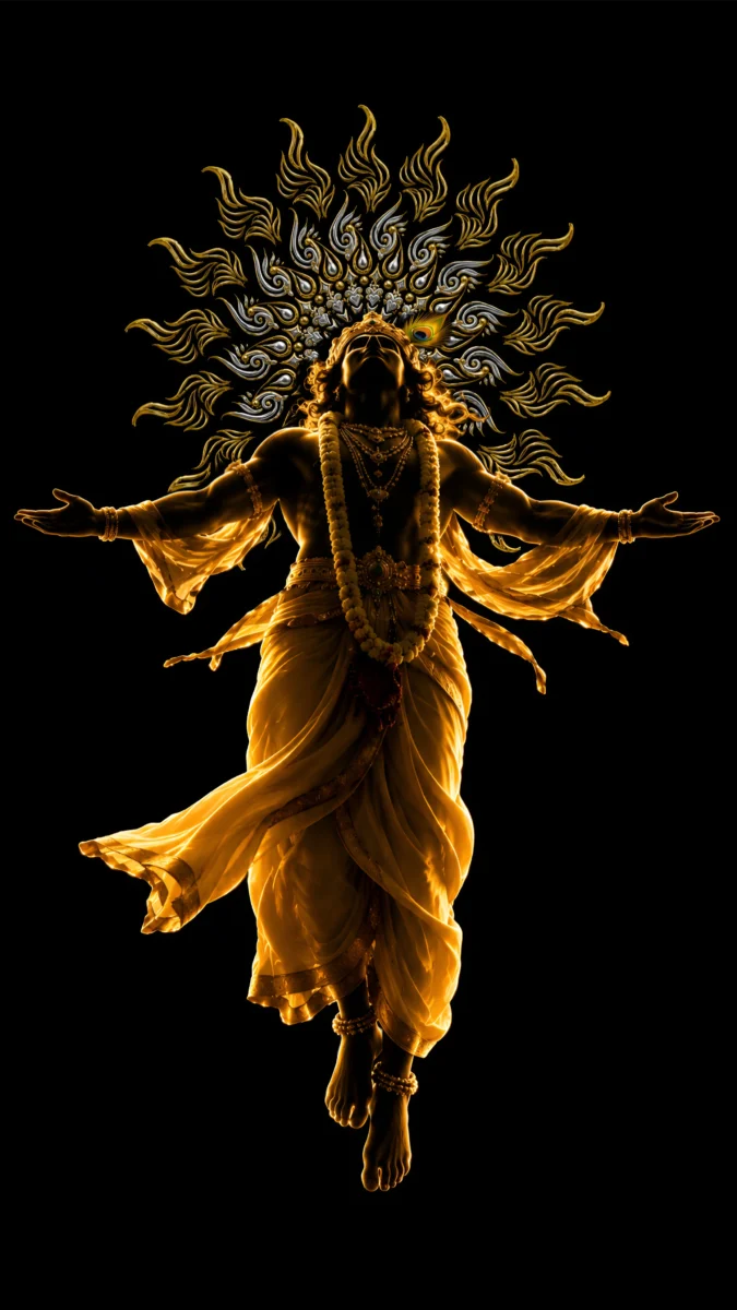 Hd image of Lord Krishna floating with open arms and a glowing divine halo against a dark background, perfect for lord krishna black wallpaper, black krishna wallpaper, and krishna wallpaper in black.