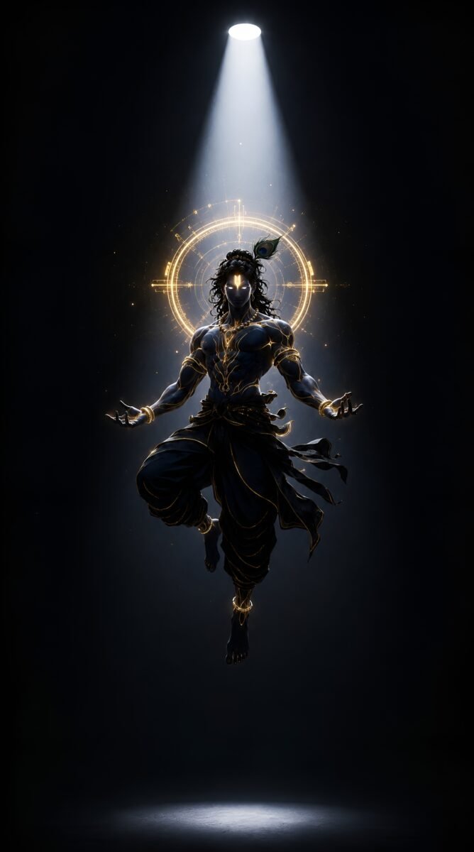 Hd image of Lord Krishna in a powerful open-palm divine pose under a spotlight beam, perfect for black krishna wallpaper, krishna photo hd, and krishna images.