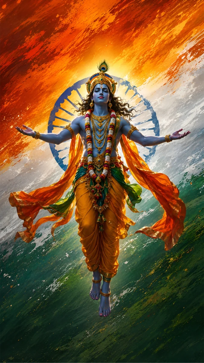 Hd image of Lord Krishna floating with open arms against the Indian tricolor flag, perfect for lord krishna wallpaper hd, shri krishna photo, and patriotic krishna image.