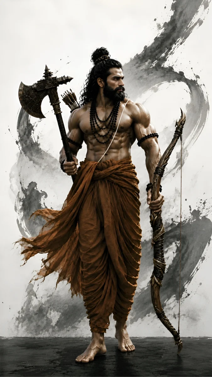 Hd image of Lord Parshuram holding a bow and battle axe while walking forward, perfect for lord parshuram, parshuram picture, and parshuram wallpaper.
