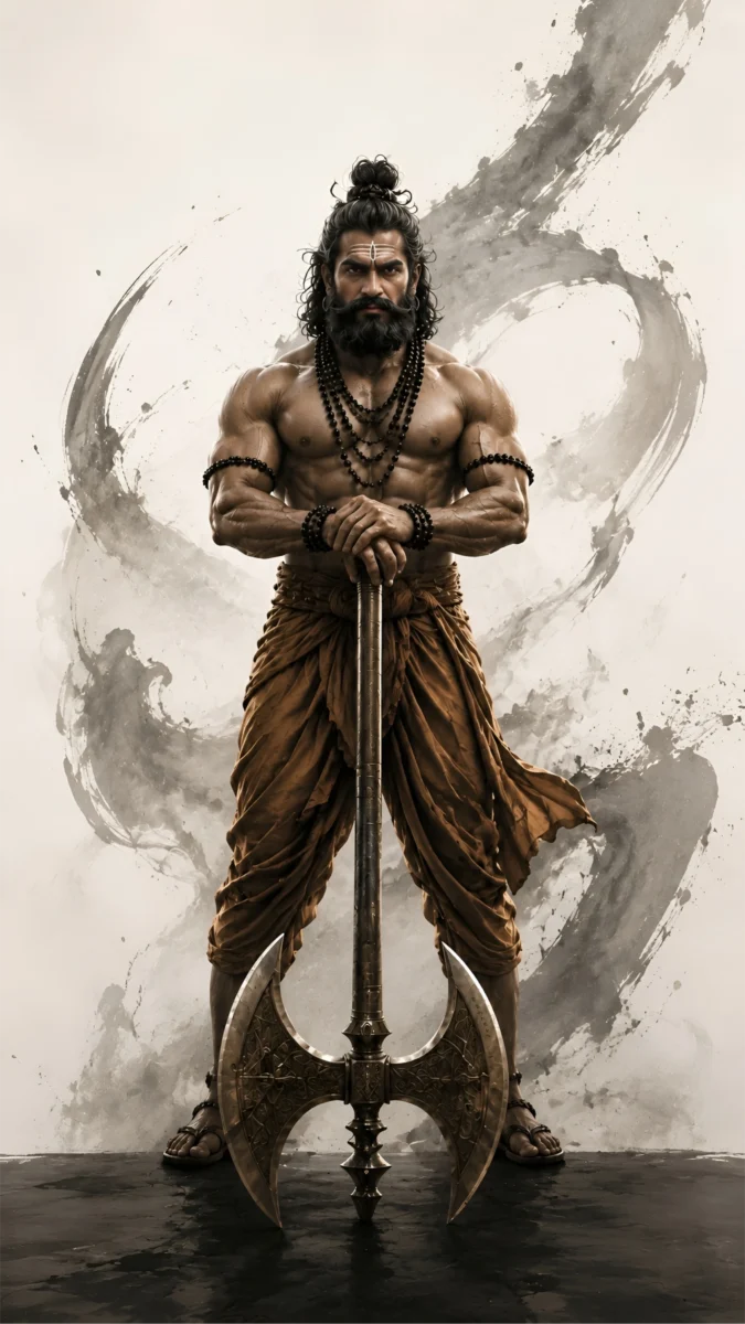 Hd image of Lord Parshuram standing with his axe in an intense pose, perfect for lord parshuram, angry parshuram, and parshuram wallpaper.
