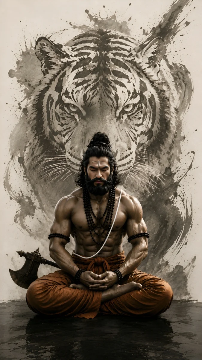 Hd image of Lord Parshuram sitting in deep meditation with a tiger artwork background, perfect for lord parshuram, parshuram wallpaper, and bhagwan parshuram image.