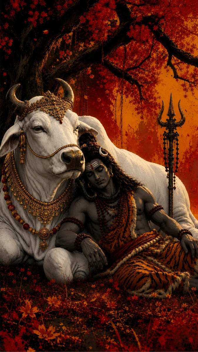 Hd image of Lord Shiva resting peacefully leaning against Nandi under a autumn tree, perfect for mahadev wallpaper, shiva photos hd, and god shiva photos.