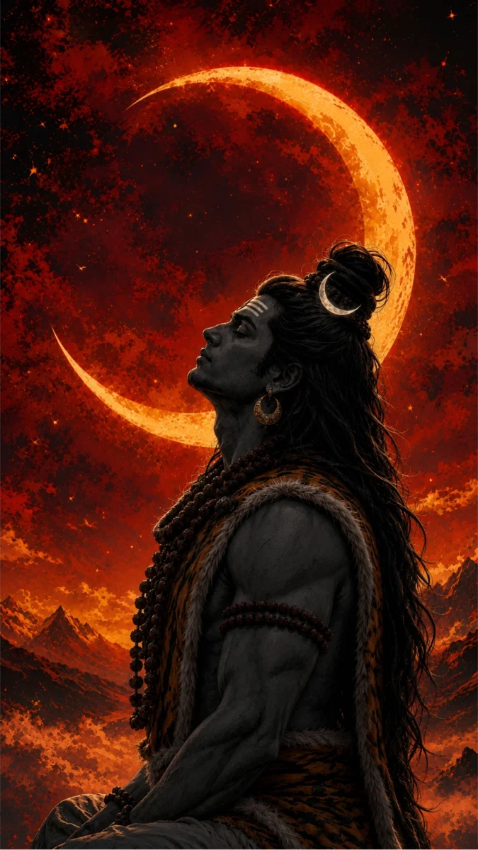 Hd image of Lord Shiva profile view against a massive glowing crescent moon, perfect for mahadev photo hd, shiva wallpaper, and mahadev pic.
