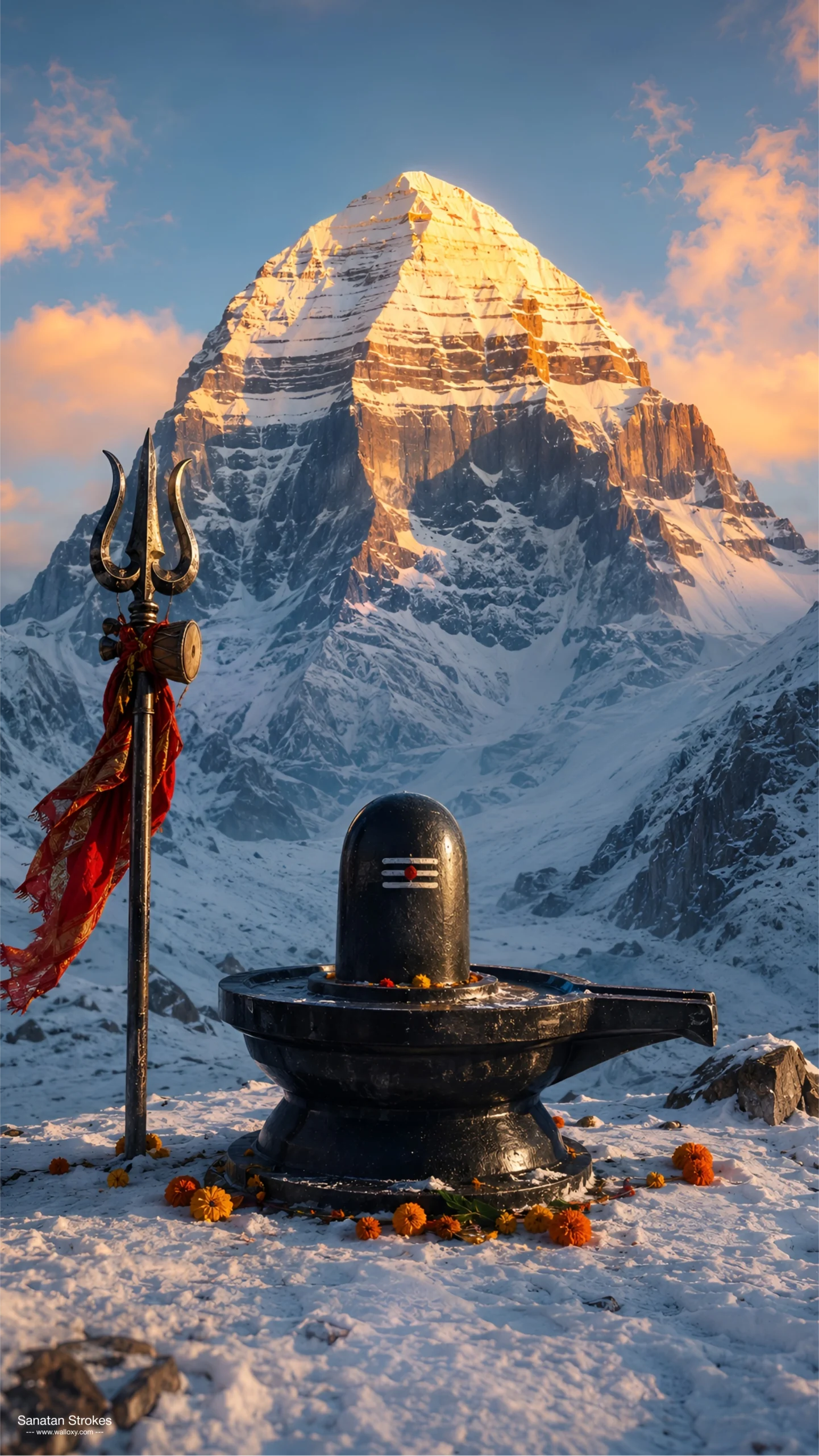Hd image of black Shivling with Trishul on snow covered ground in front of Mount Kailash at sunset, perfect for mahadev shivling photo, shivling photo hd, and mahadev shivling wallpaper.