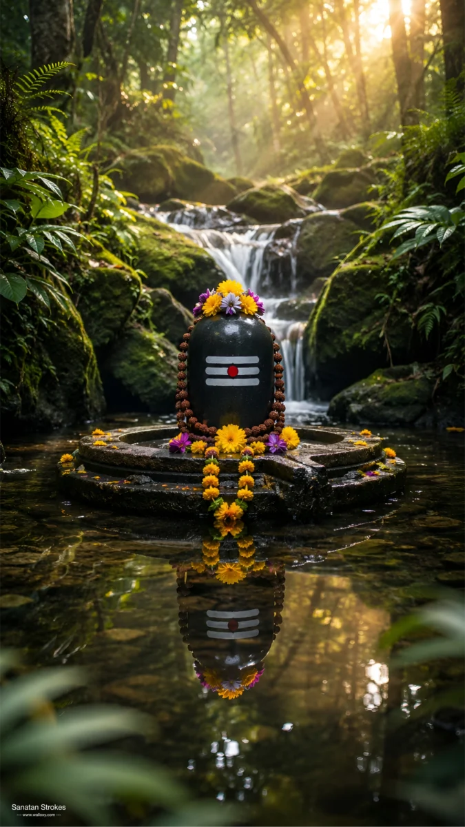 Hd image of black Shivling adorned with rudraksha mala and flowers near a waterfall in a lush forest, perfect for mahadev shivling photo, shivling photo wallpaper, and shivling images.